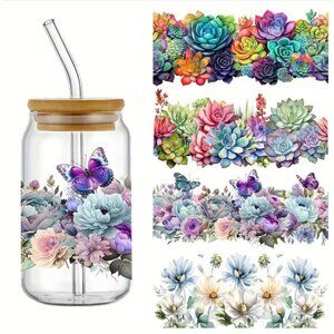 Succulent Rainbow UV DTF Tumbler Wrap Stickers Waterproof Transfer Set 4 Sheets